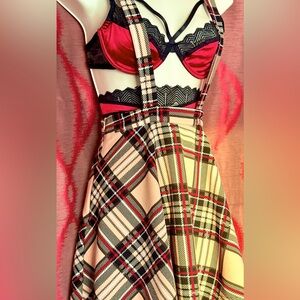 Overall skirt with 3 piece lingerie set and crop top.